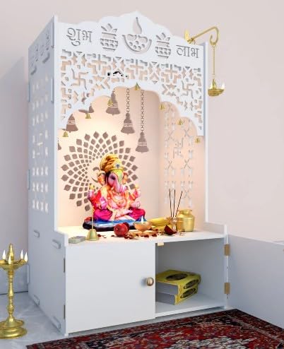 Thelifestyle Wooden Pooja Mandir for Home with Jali Work Dome & Storage Cabinet