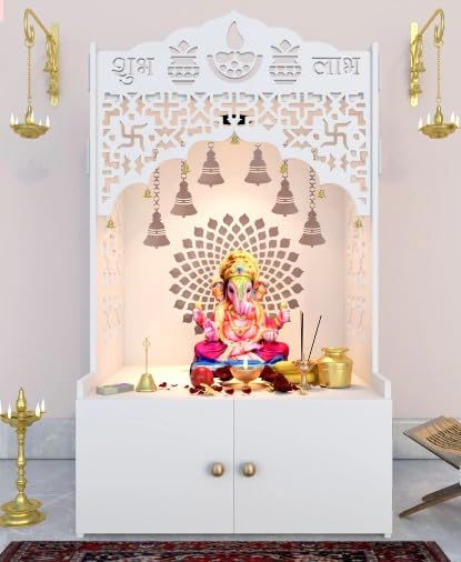 Thelifestyle Wooden Pooja Mandir for Home with Jali Work Dome & Storage Cabinet