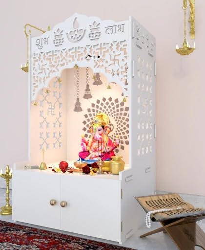 Thelifestyle Wooden Pooja Mandir for Home with Jali Work Dome & Storage Cabinet