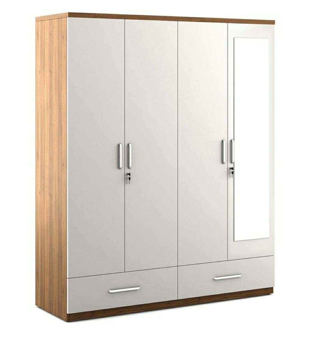 Super Cozy 4 Door Wardrobe White and Walnut with Mirror and Drawer