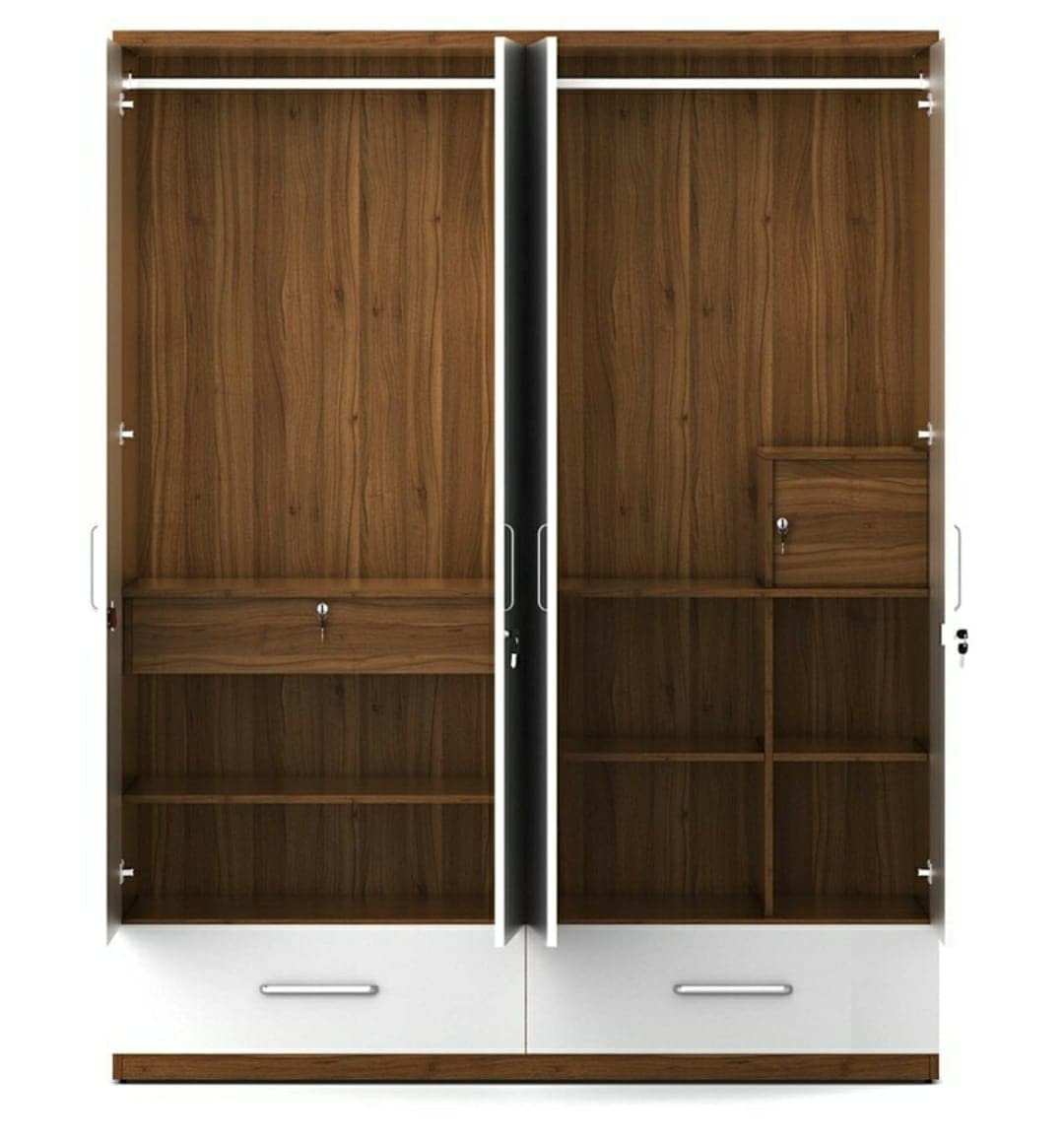 Scottish 4 Door Wardrobe Engineering wood White and Walnut with Mirror and Drawer Almirah Storage