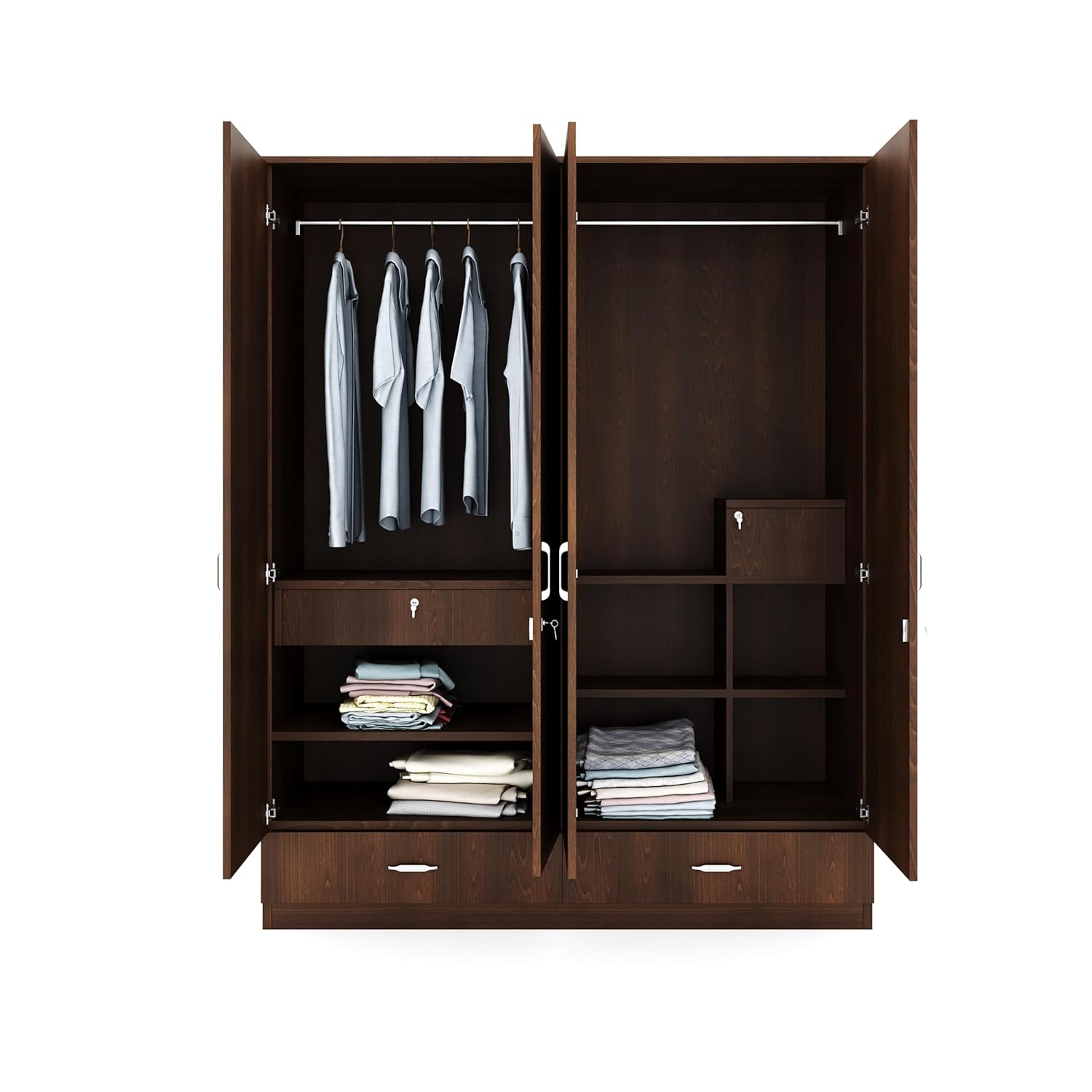 Super Cozy 4 Door Wardrobe White and Walnut with Mirror and Drawer