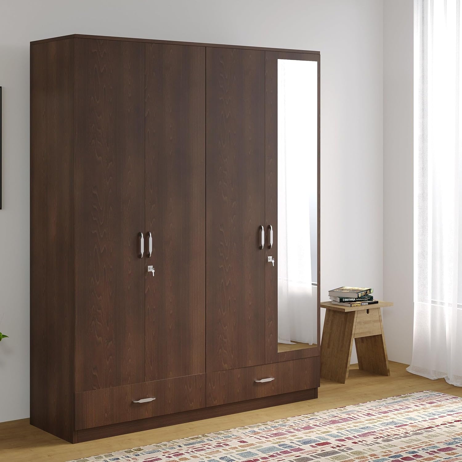 Super Cozy 4 Door Wardrobe White and Walnut with Mirror and Drawer