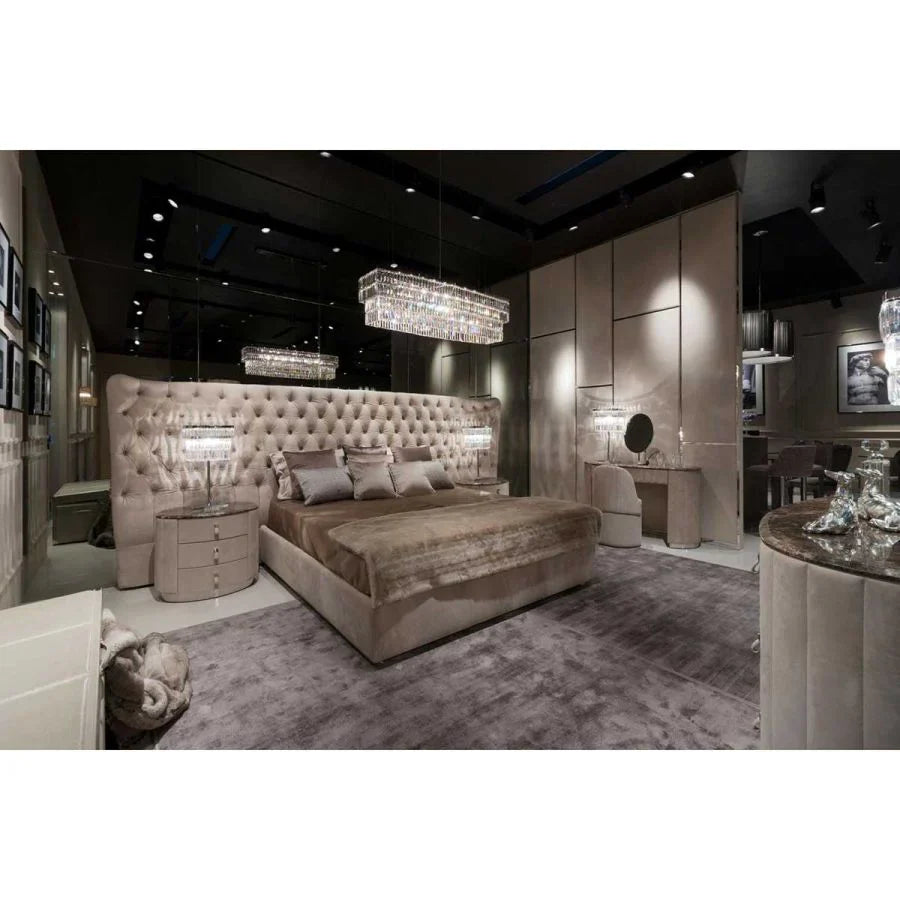 Button Upholstered Italian Bed with Extended Headboard
