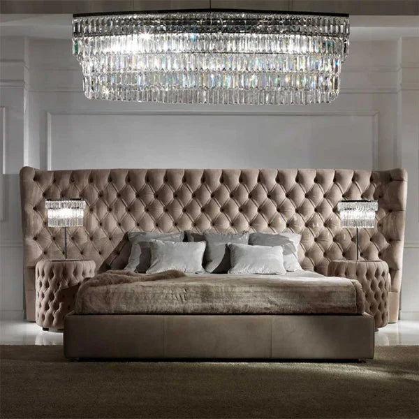 Button Upholstered Italian Bed with Extended Headboard