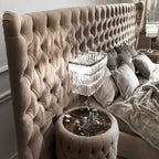 Button Upholstered Italian Bed with Extended Headboard