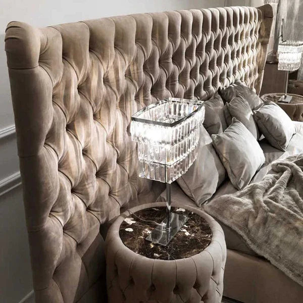 Button Upholstered Italian Bed with Extended Headboard