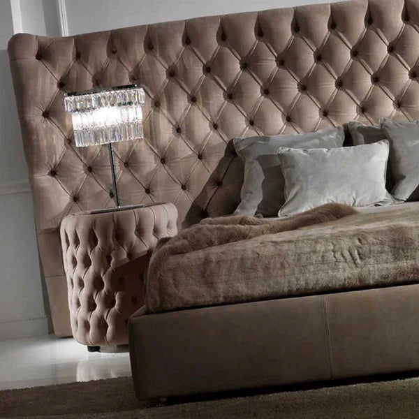 Button Upholstered Italian Bed with Extended Headboard