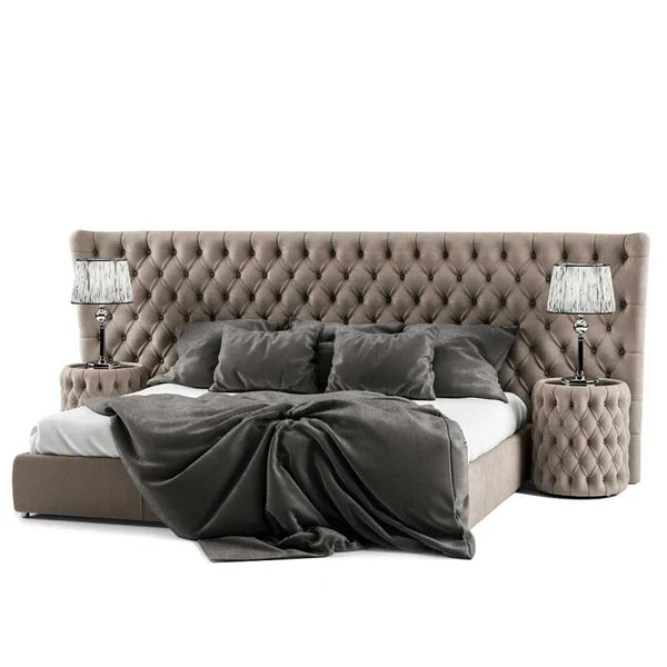 Button Upholstered Italian Bed with Extended Headboard
