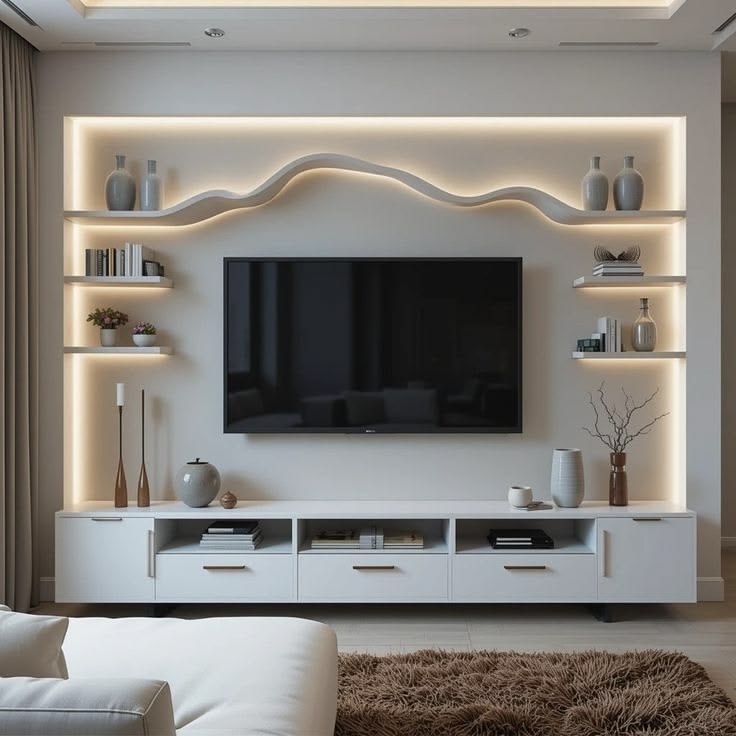 Colette-Mid-Century Wall Mounted TV Panel with Profile Lights