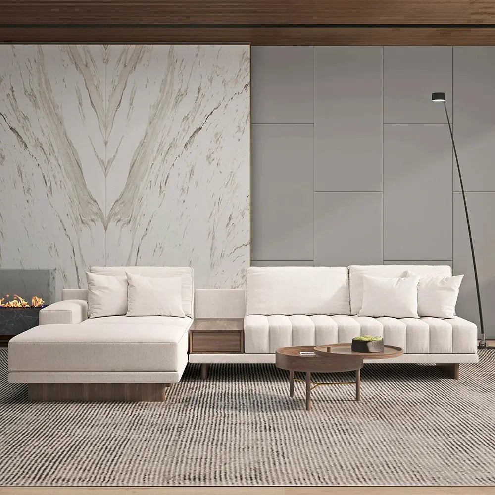 Cream L shape Sofa with Wooden Storage