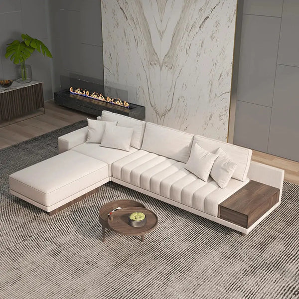 Cream L shape Sofa with Wooden Storage