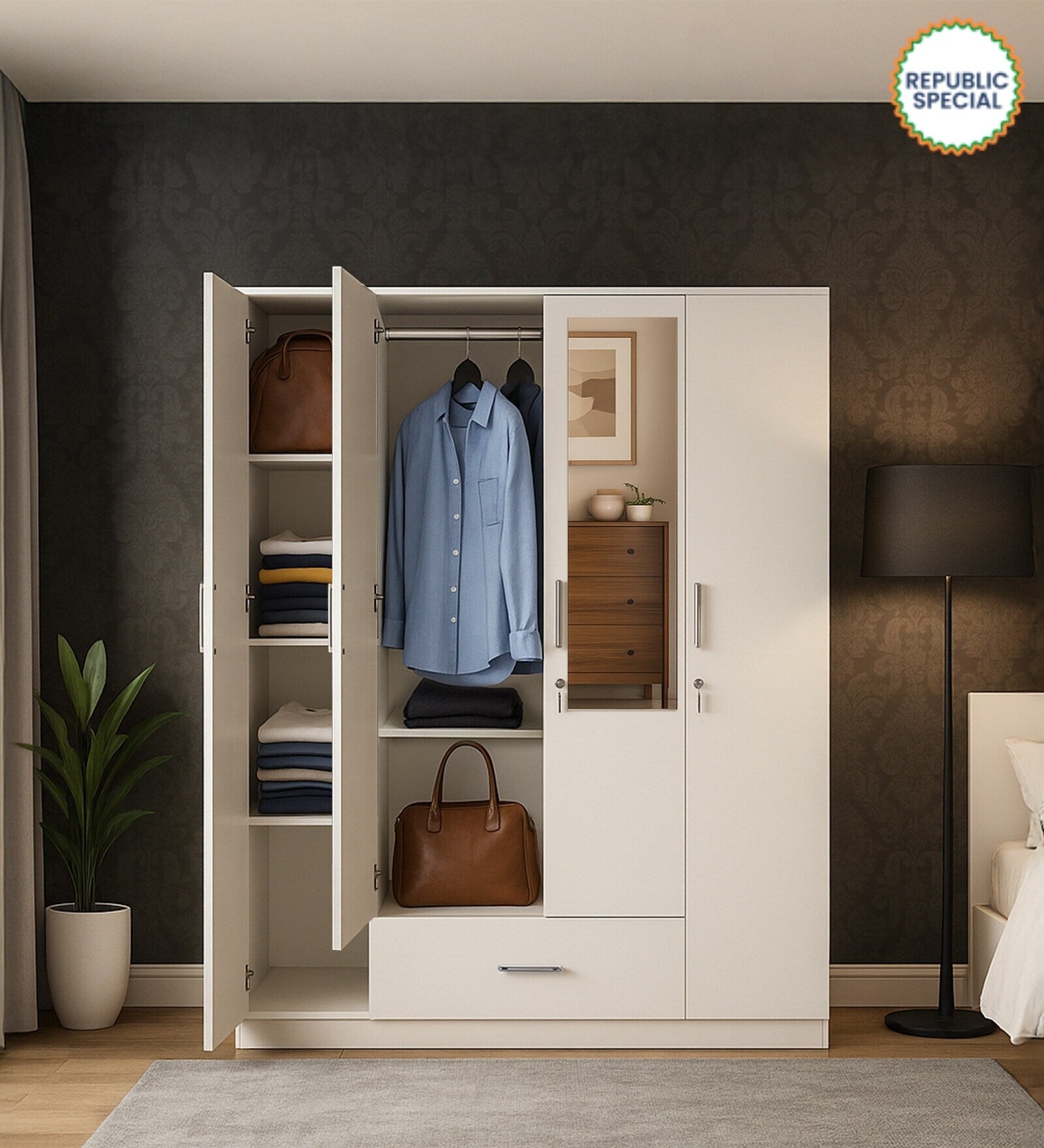 Kenzou 4 Door Wardrobe With Mirror & Drawer