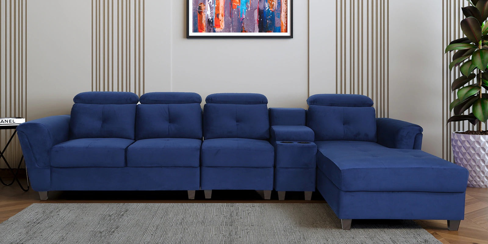 Impero Velvet LHS Sectional Sofa in Royal Blue Colour with Adjustable Headrest