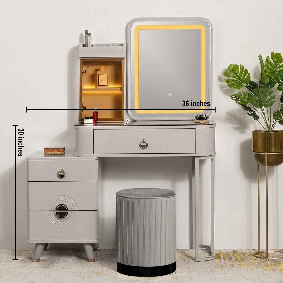 Golden Glamour Dressing Table & Vanity Set With Mirror & Black Base Poof Chair