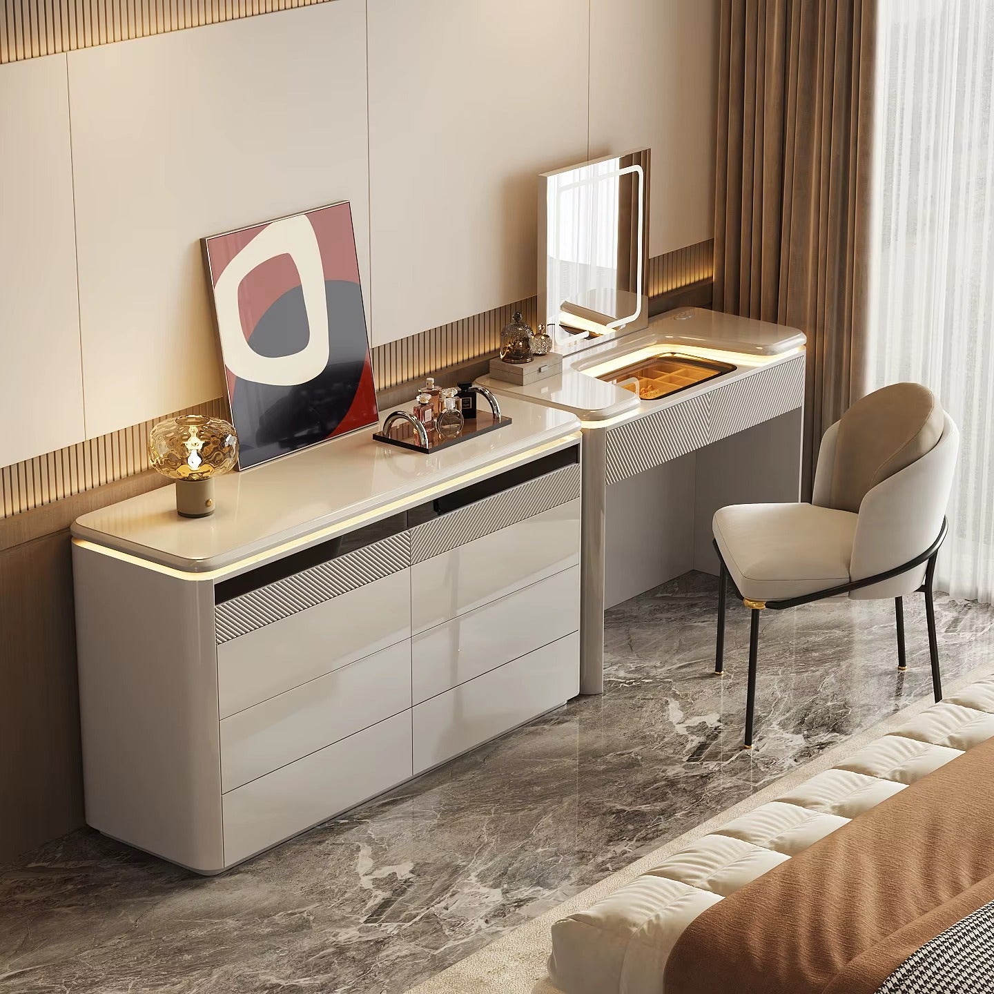 Luxurious Light Luxury and High-end Style Adjustable Dressing Table Chest Drawers Integrated Bedroom Bed Makeup Table