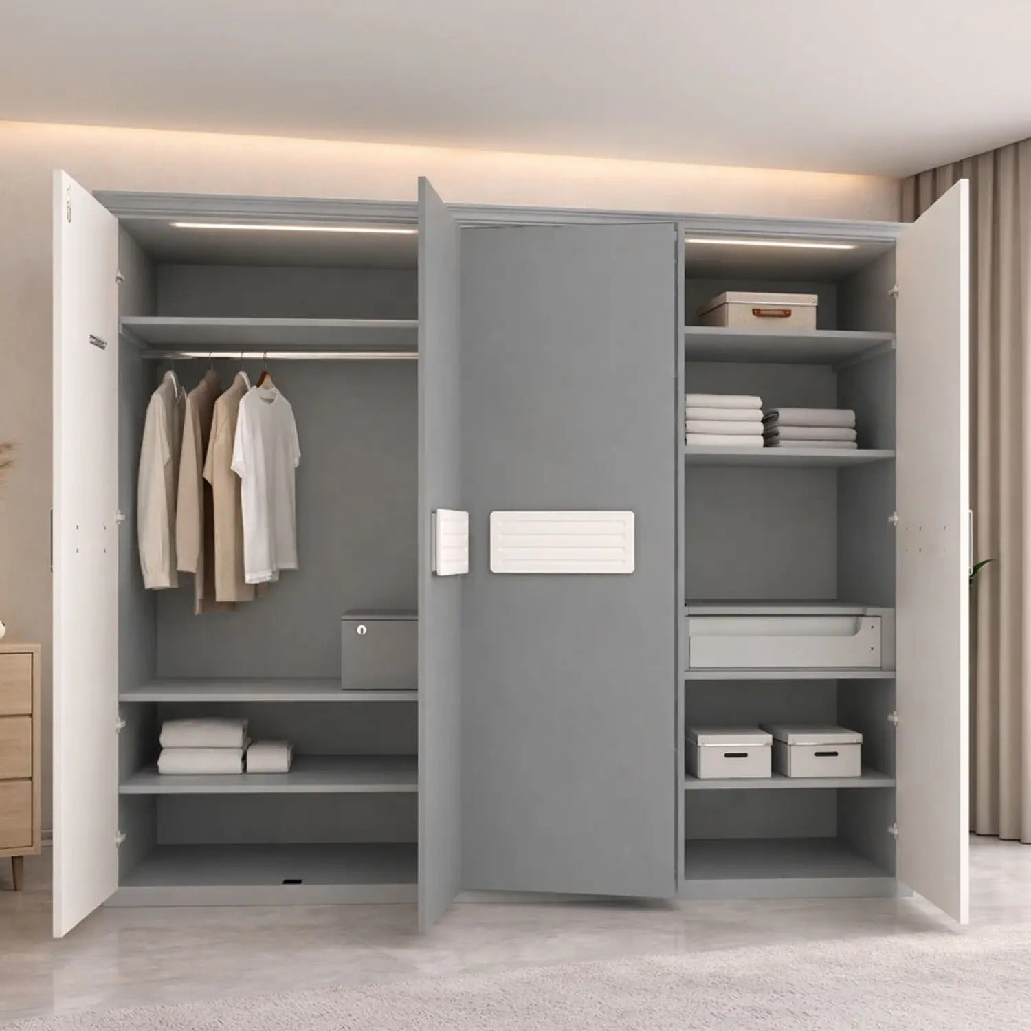 KSHOMESTOREE Engineered Wood 4 Door Wardrobe (Finish Color - White & Grey, Pre-assembled)