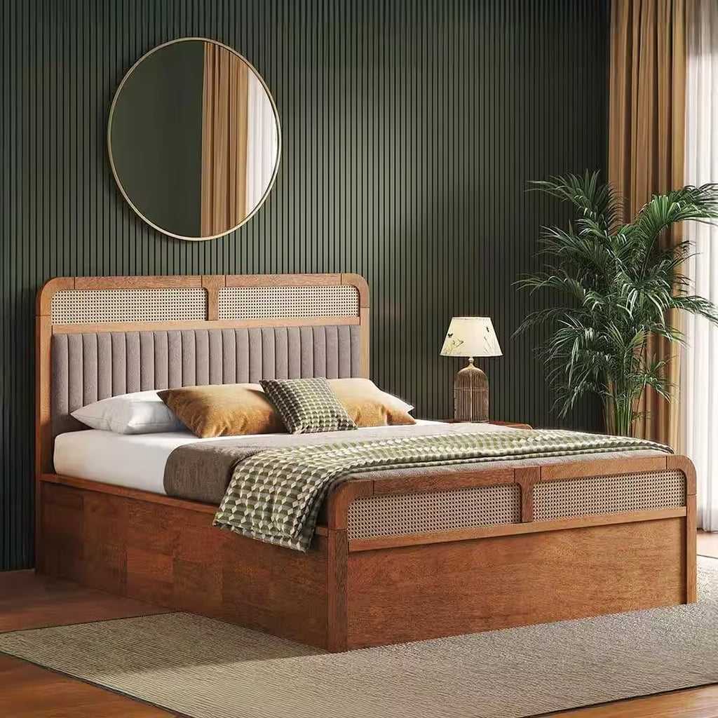 Hanoi Solid Wood Cane Queen Size Non Storage Bed In Amber Walnut Finish with Shitake Beige Colour