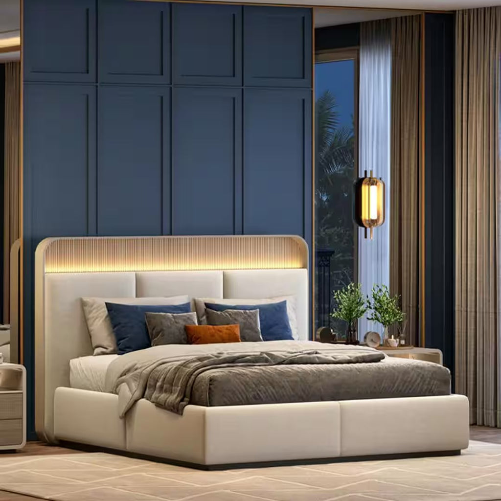 Valeria Engineered Wood Queen Size Bed with Hydraulic Storage Bed in Beige Finish