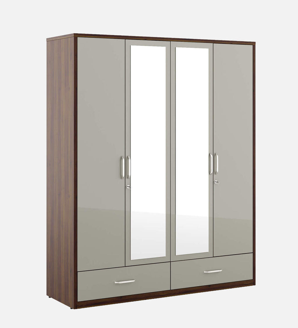 Kosmo Pristine 4 Door Wardrobe With Mirror In Lyon Walnut & Hg Cashmere Finish With Drawer & Locker