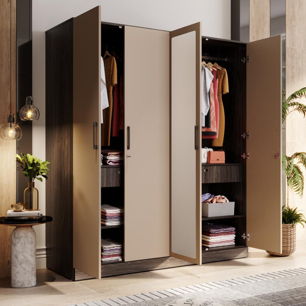 Cashmere Plus 4 Door Wardrobe with 4 Shelves, 2 Drawers, Mirror & 2 Hanging Areas (Wyoming Maple & Frappe)