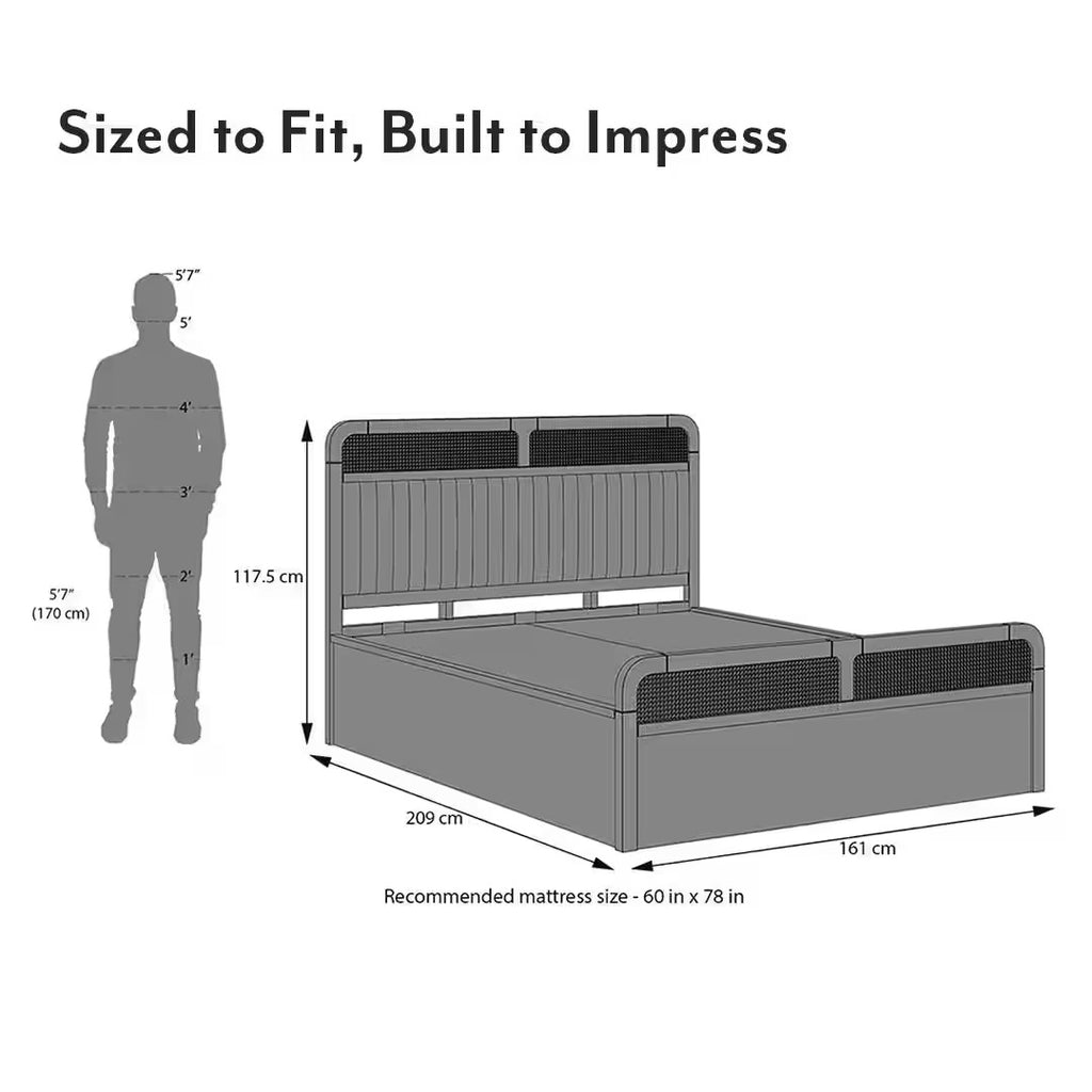 Hanoi Solid Wood Cane Queen Size Non Storage Bed In Amber Walnut Finish with Shitake Beige Colour