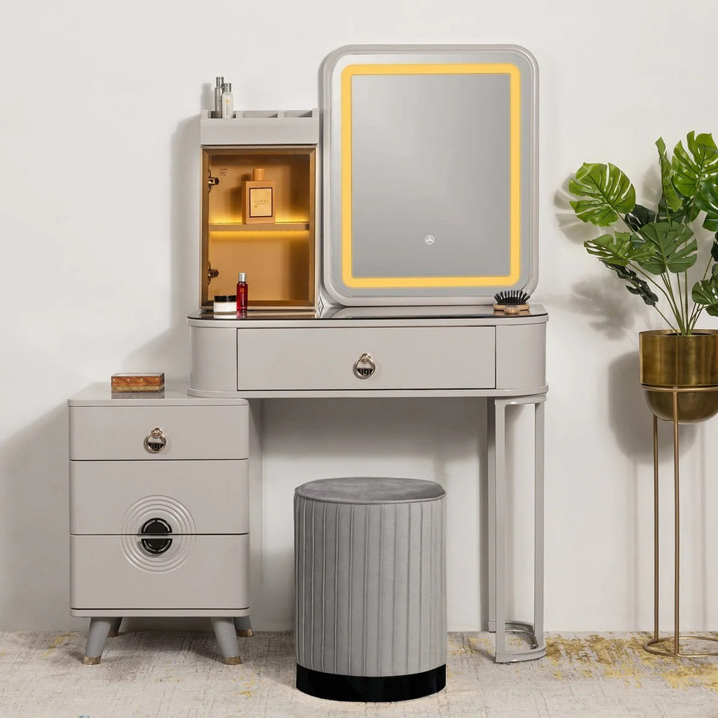 Golden Glamour Dressing Table & Vanity Set With Mirror & Black Base Poof Chair