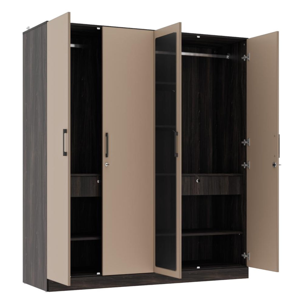Cashmere Plus 4 Door Wardrobe with 4 Shelves, 2 Drawers, Mirror & 2 Hanging Areas (Wyoming Maple & Frappe)