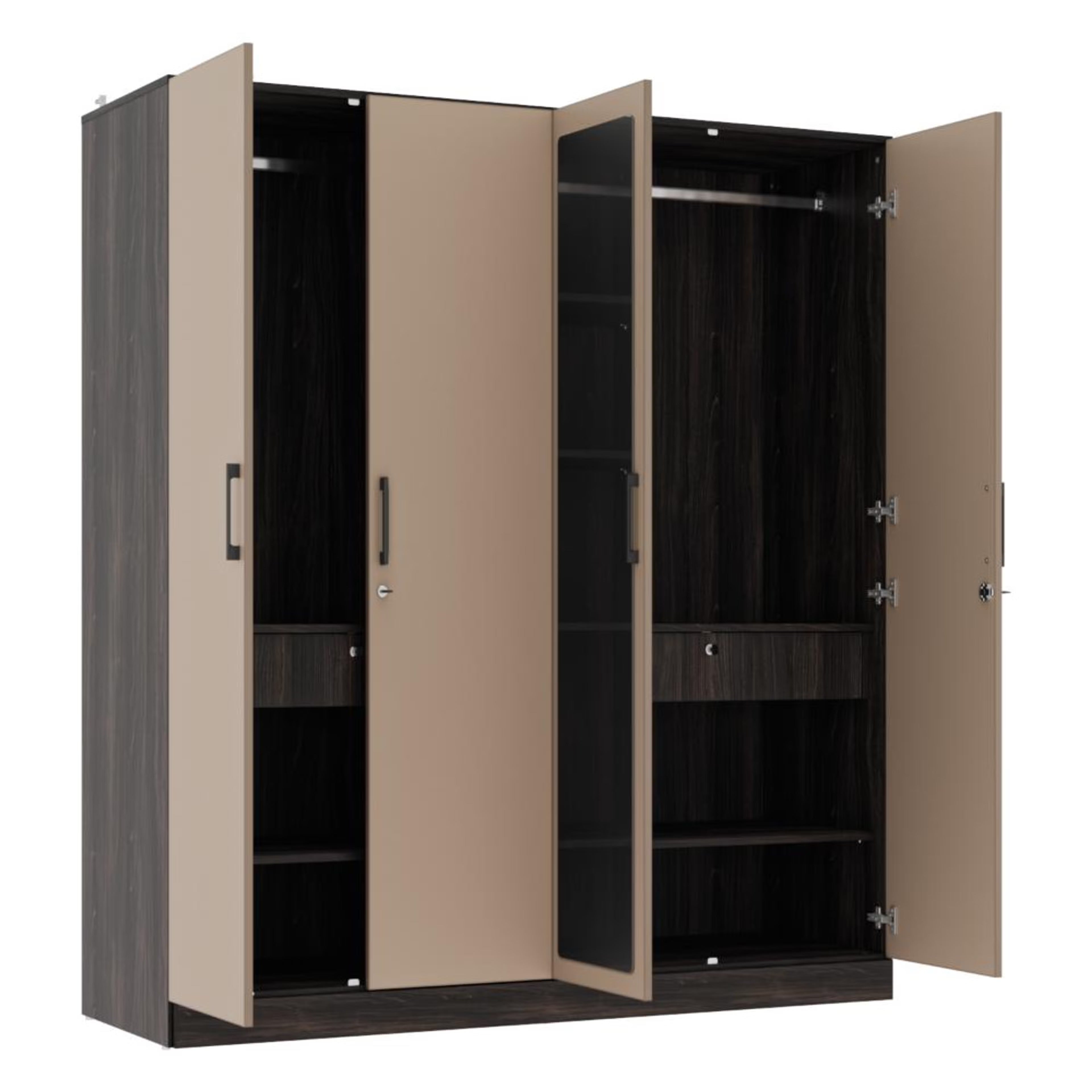 Cashmere Plus 4 Door Wardrobe with 4 Shelves, 2 Drawers, Mirror & 2 Hanging Areas (Wyoming Maple & Frappe)