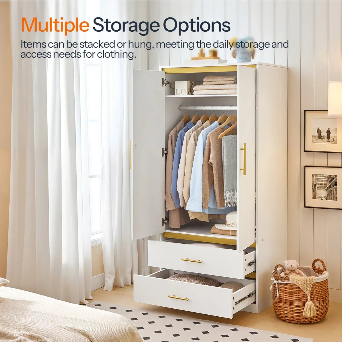 2-Door 66.9" H Armoire Wardrobe with Hanging Rod & 2 Drawers
