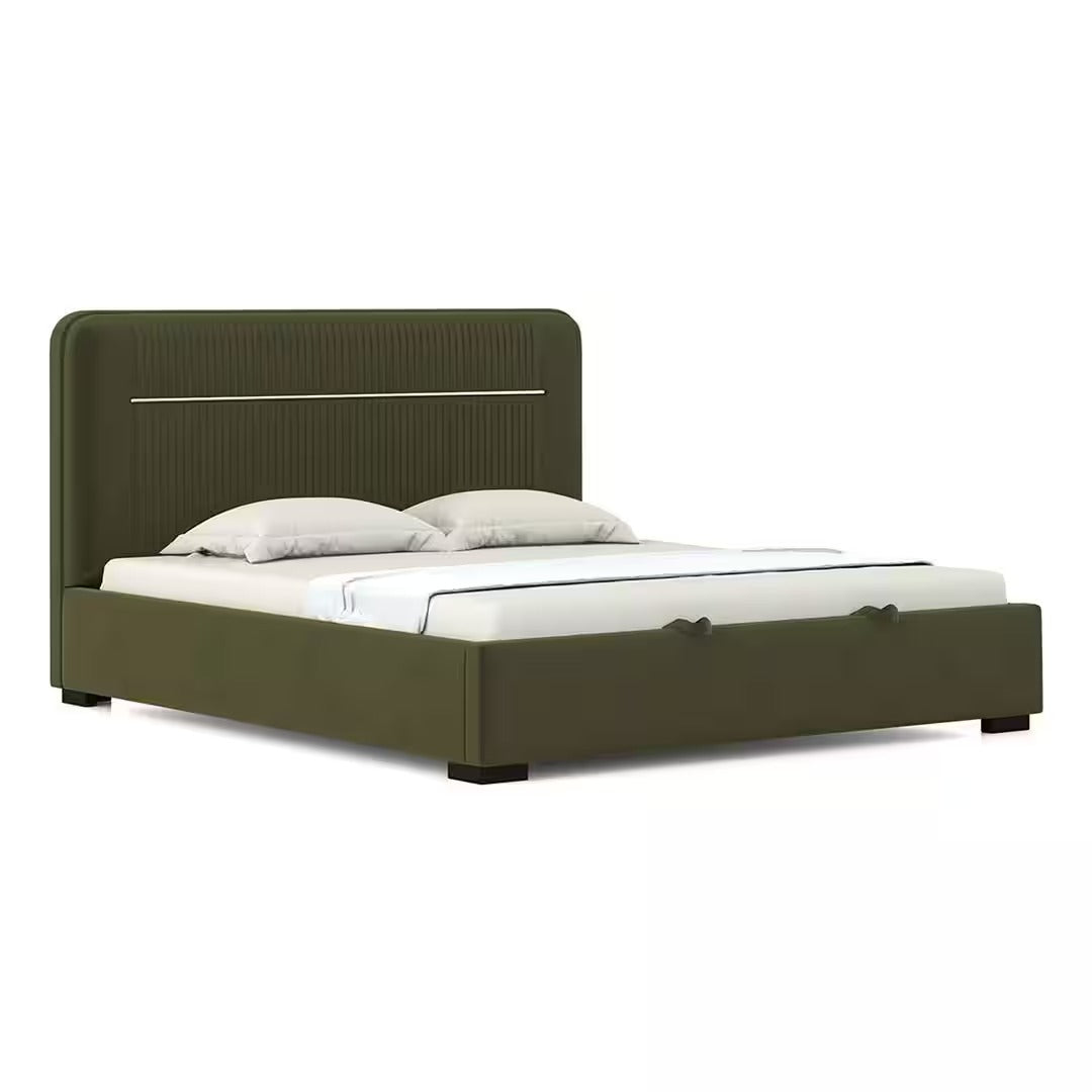 Milan Upholstered Hydraulic Storage Queen Size Bed In Deep Olive Velvet