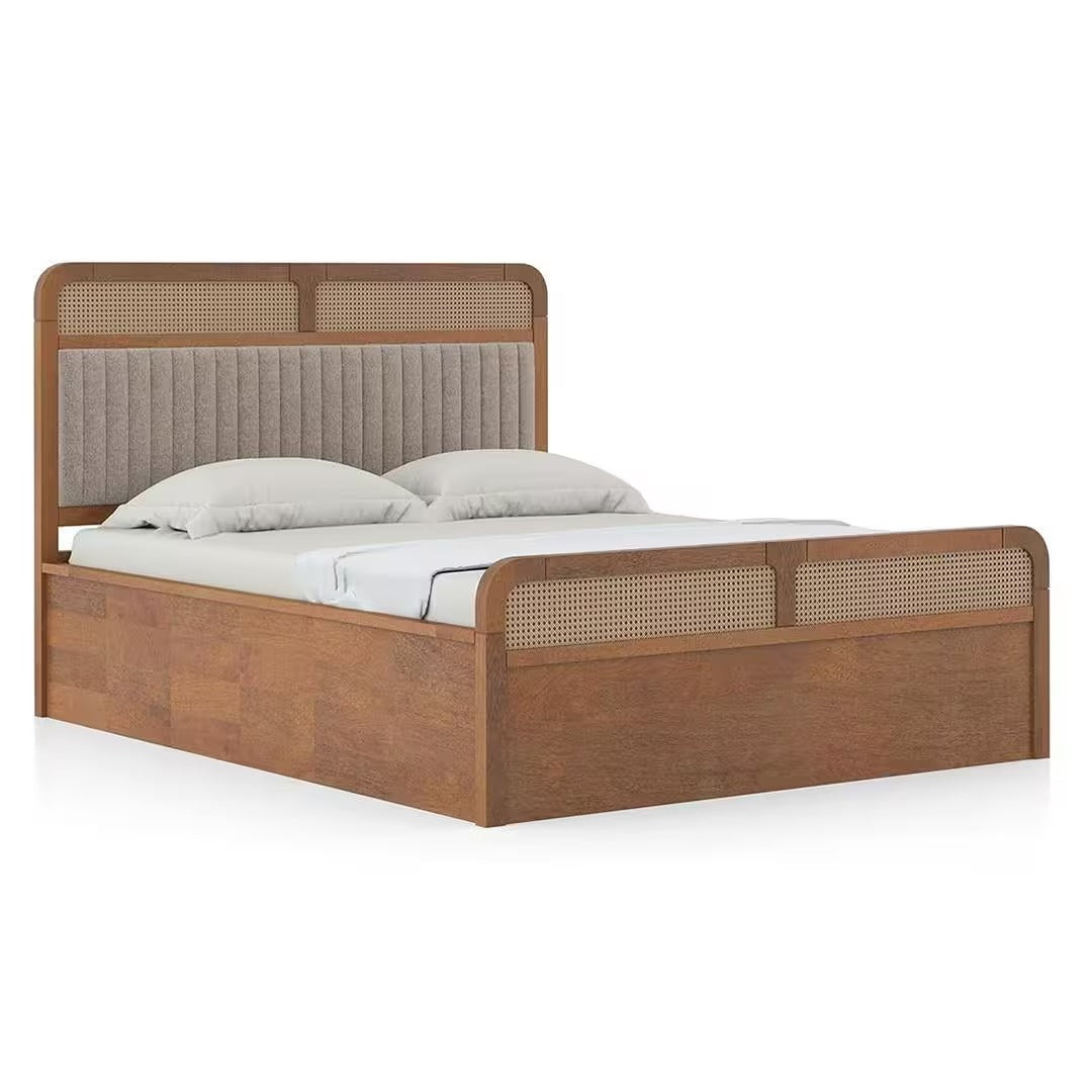 Hanoi Solid Wood Cane Queen Size Non Storage Bed In Amber Walnut Finish with Shitake Beige Colour
