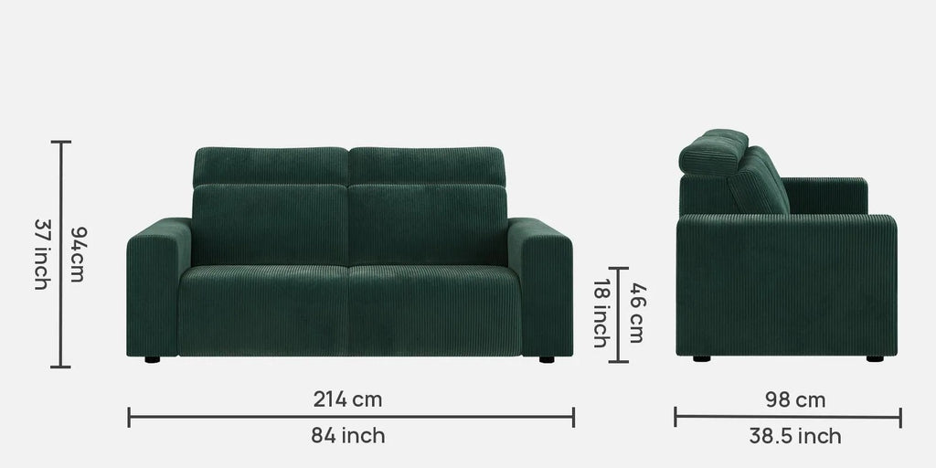 Emma Corduroy Velvet 3 Seater Sofa With Adjustable Headrests In Deep Green Color