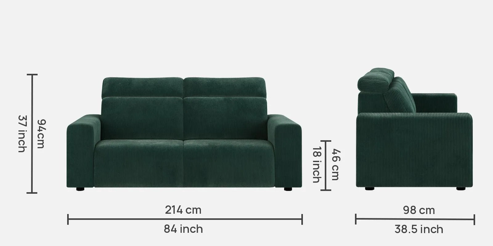 Emma Corduroy Velvet 3 Seater Sofa With Adjustable Headrests In Deep Green Color