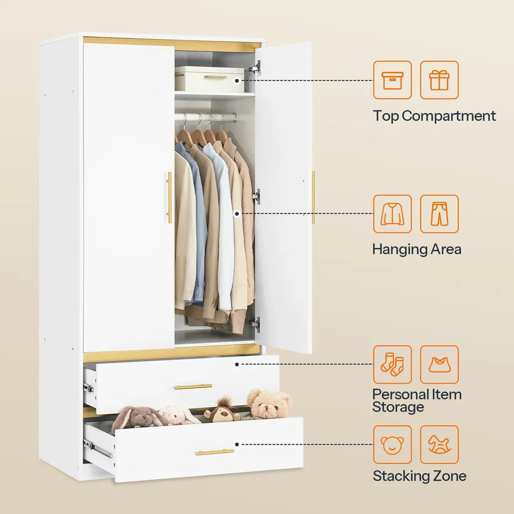 2-Door 66.9" H Armoire Wardrobe with Hanging Rod & 2 Drawers