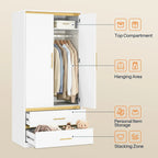 2-Door 66.9" H Armoire Wardrobe with Hanging Rod & 2 Drawers