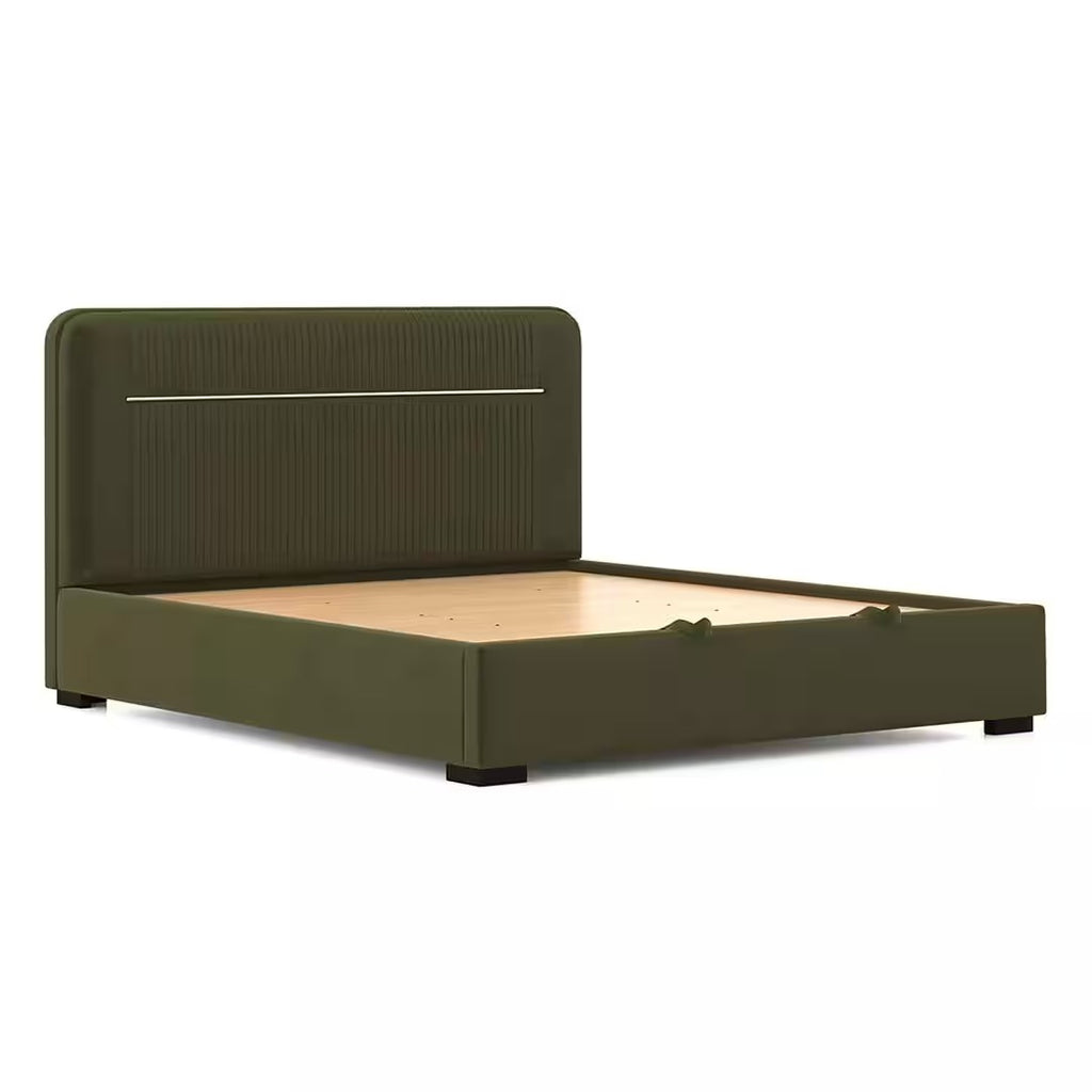 Milan Upholstered Hydraulic Storage Queen Size Bed In Deep Olive Velvet