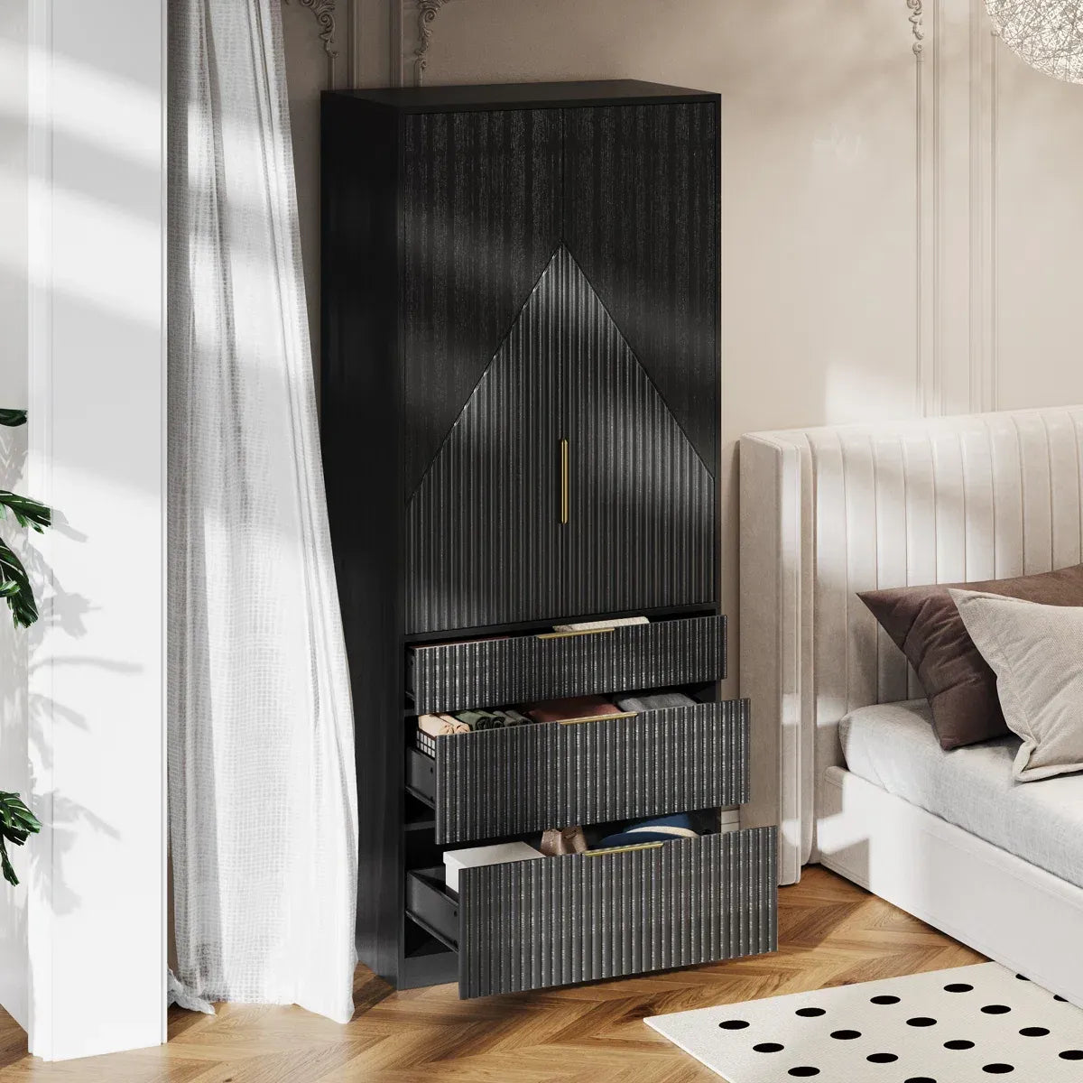 Contemporary 2-Door Solid Wood Wardrobe with Large Drawers and Hidden Storage