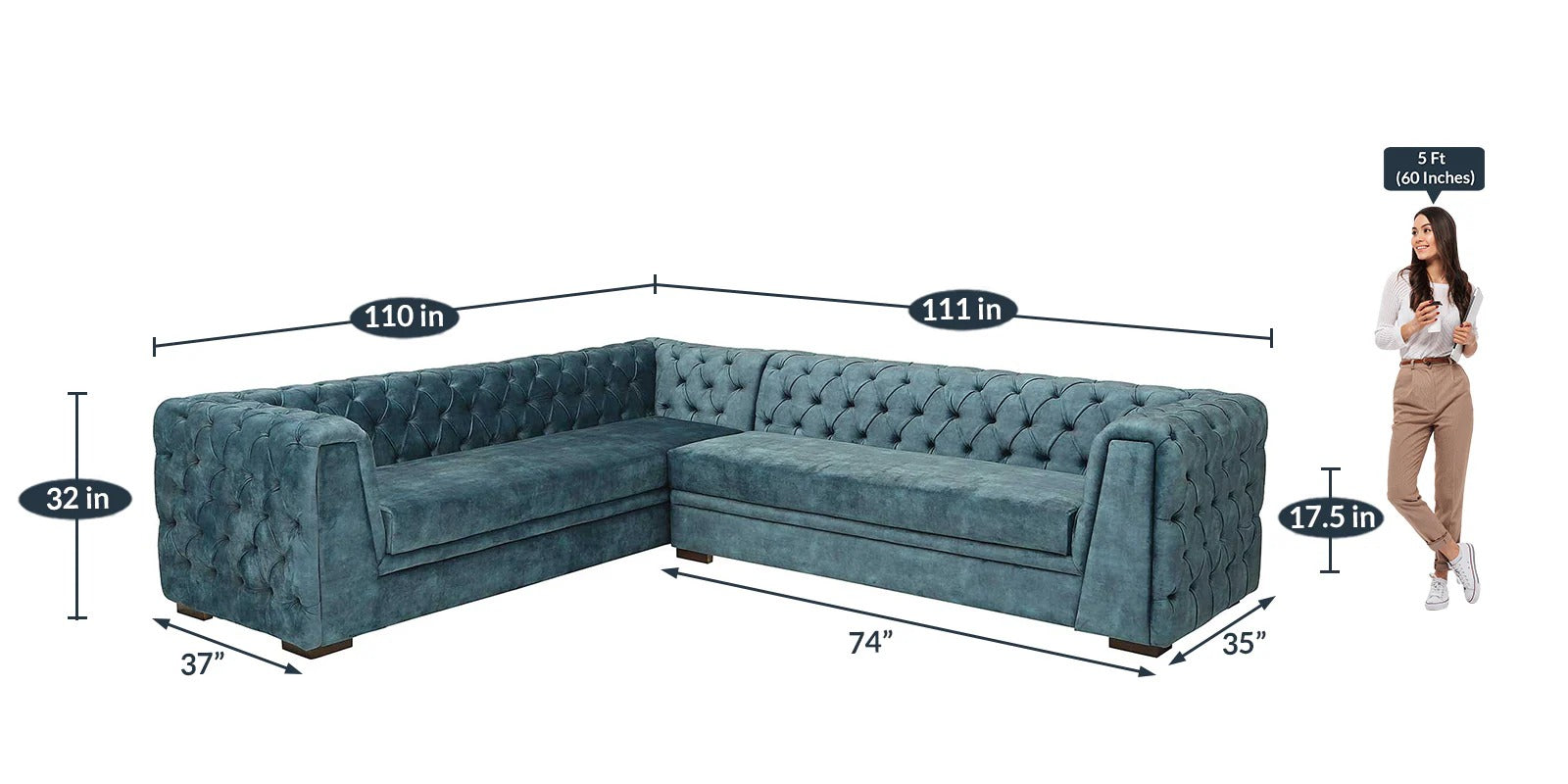 Cypress Velvet Corner Sofa in Textured Light Teal Colour in L Shape