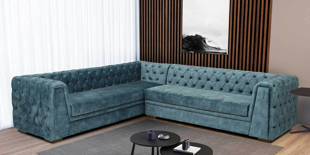 Cypress Velvet Corner Sofa in Textured Light Teal Colour in L Shape