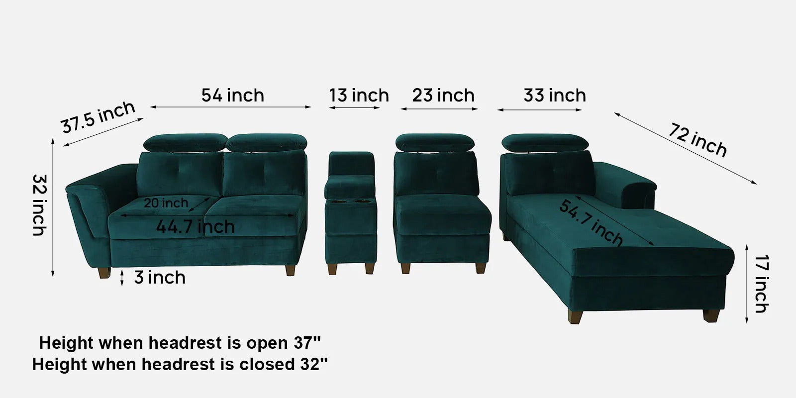 Impero Velvet LHS Sectional Sofa (3+ Lounger) in Teal Blue Colour