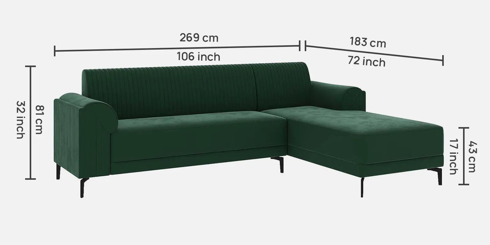 Zyra Water-Repellant Velvet Fabric LHS Sectional Sofa (3 + Lounger) in Emerald Green Color