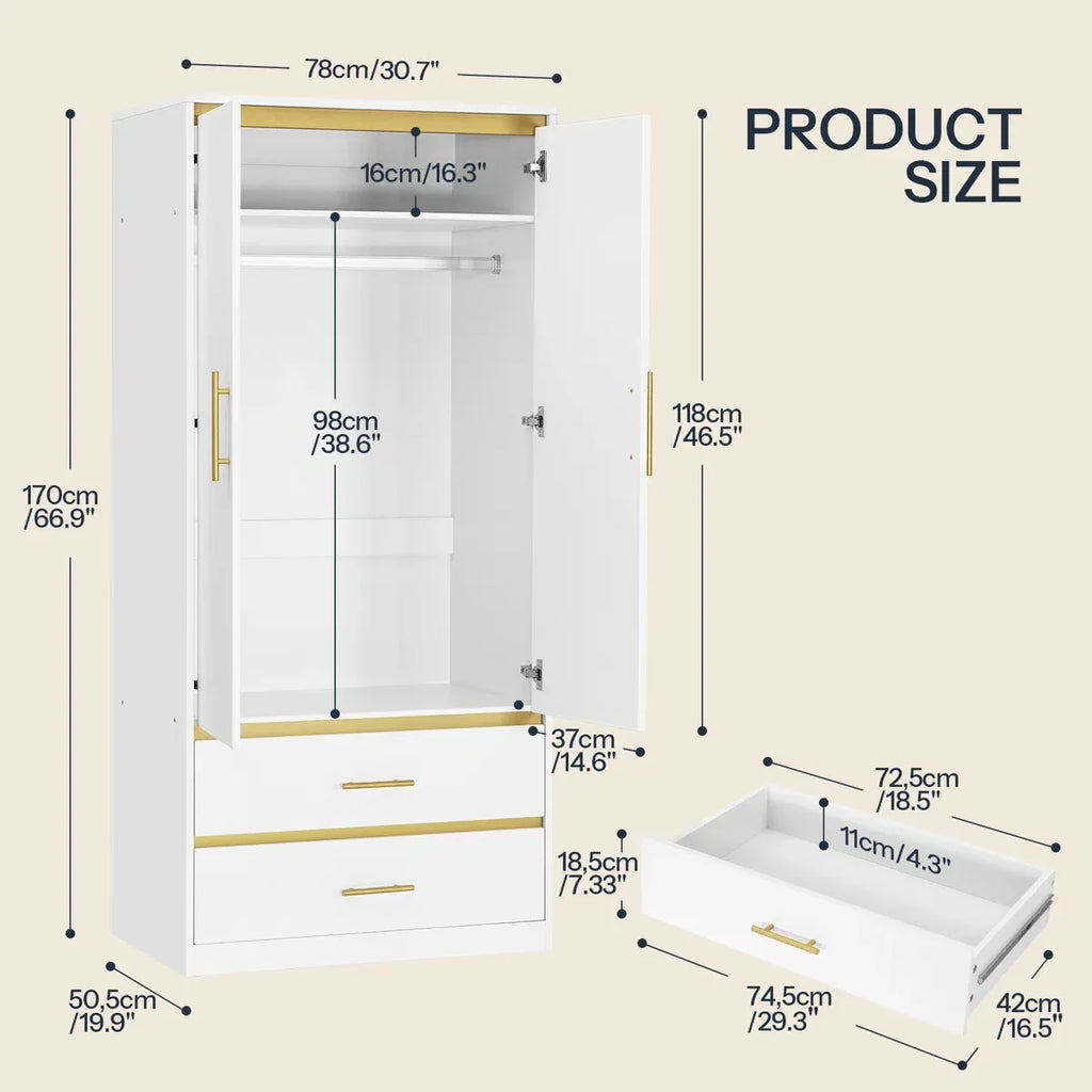 2-Door 66.9" H Armoire Wardrobe with Hanging Rod & 2 Drawers