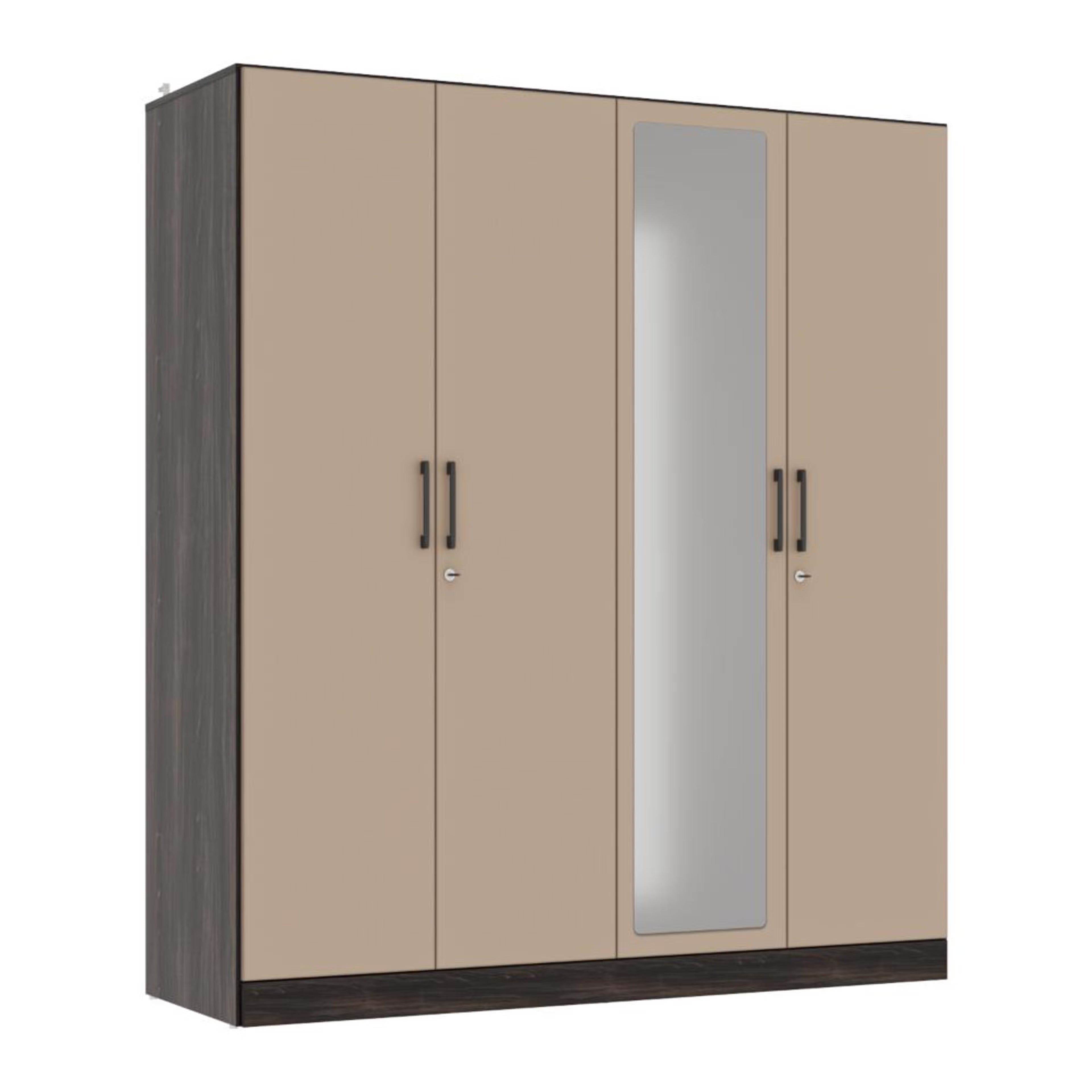 Cashmere Plus 4 Door Wardrobe with 4 Shelves, 2 Drawers, Mirror & 2 Hanging Areas (Wyoming Maple & Frappe)
