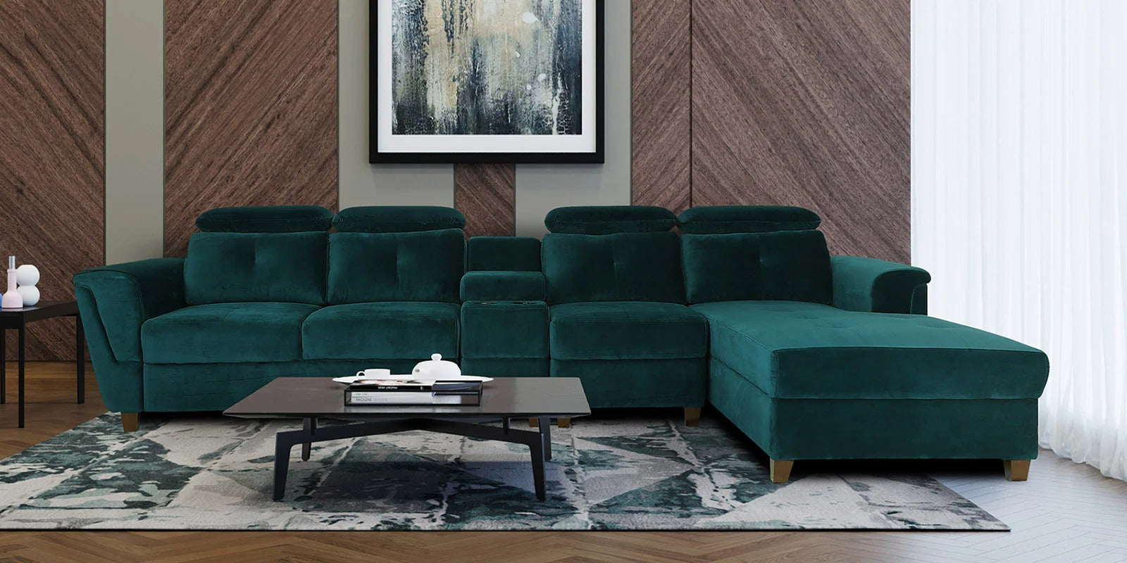 Impero Velvet LHS Sectional Sofa (3+ Lounger) in Teal Blue Colour