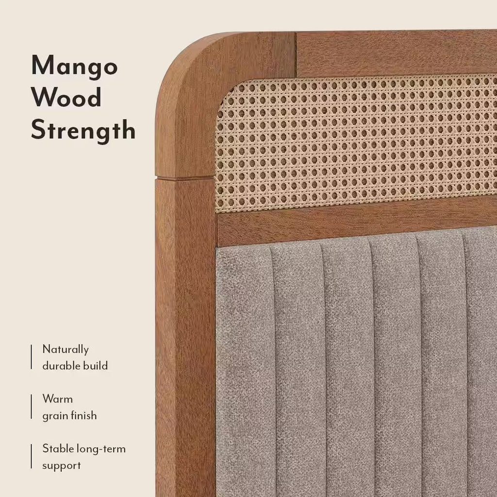 Hanoi Solid Wood Cane Queen Size Non Storage Bed In Amber Walnut Finish with Shitake Beige Colour