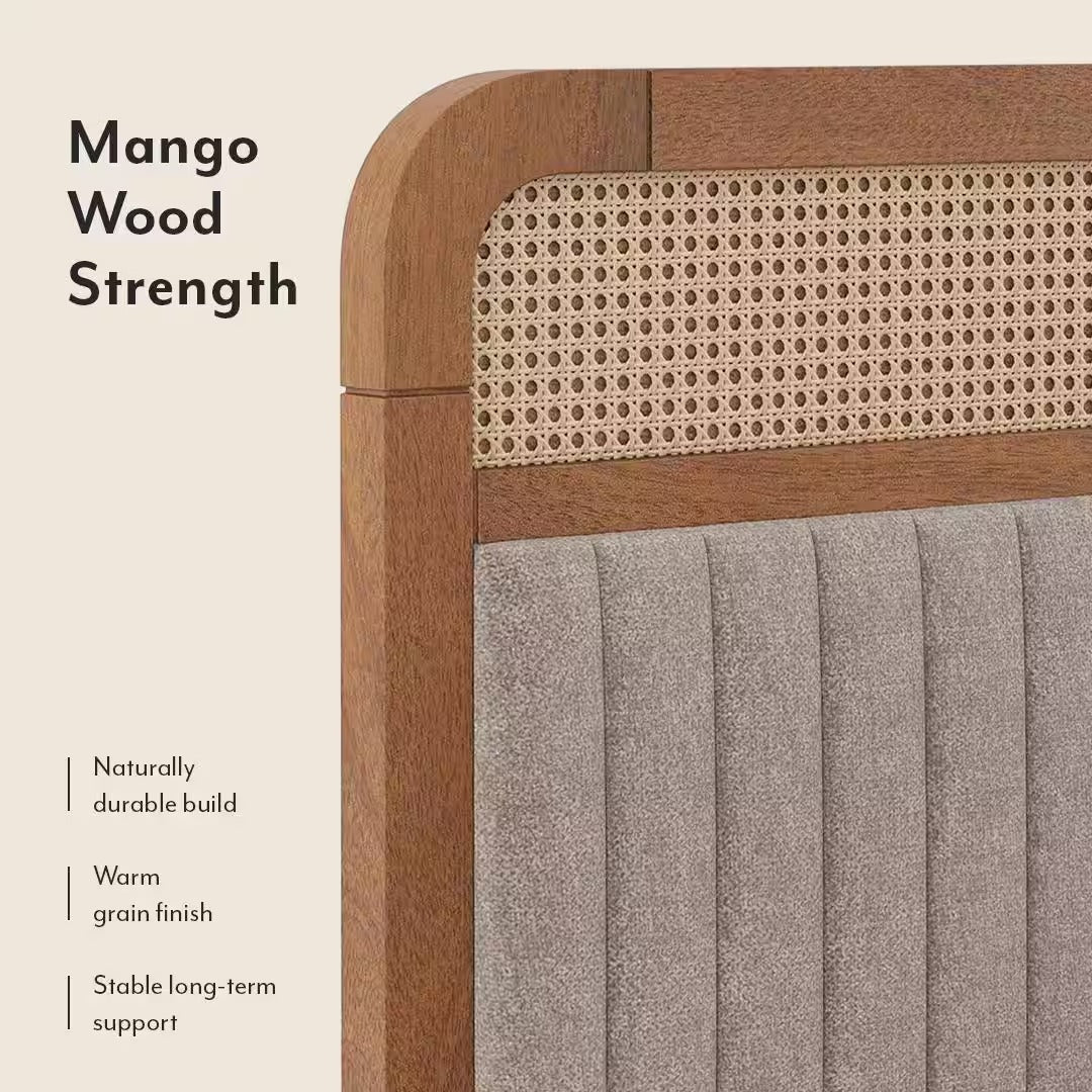 Hanoi Solid Wood Cane Queen Size Non Storage Bed In Amber Walnut Finish with Shitake Beige Colour