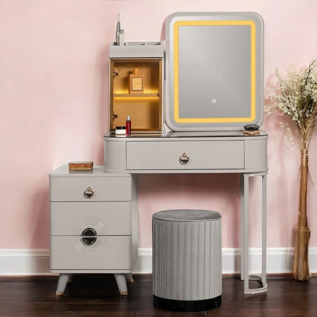 Golden Glamour Dressing Table & Vanity Set With Mirror & Black Base Poof Chair