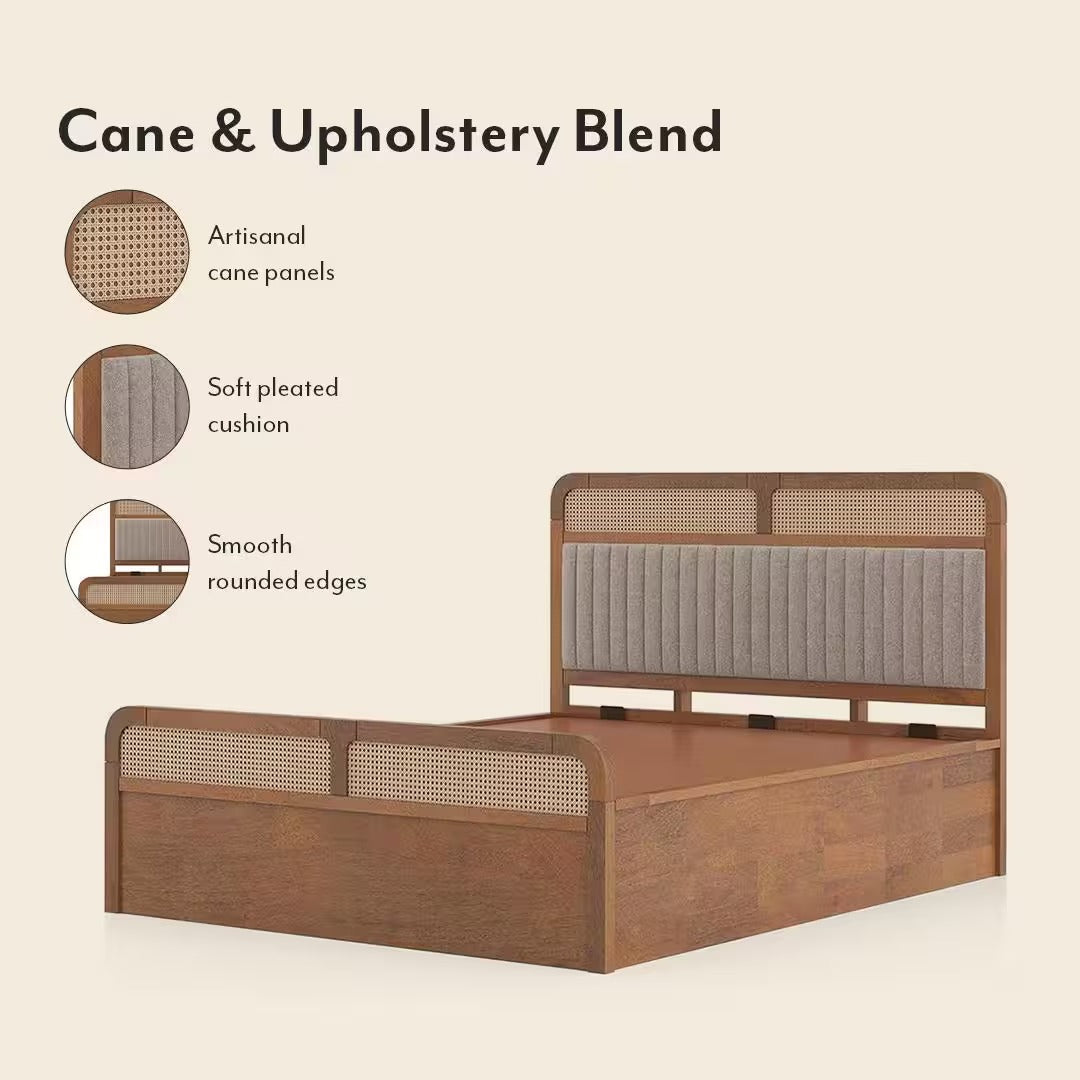 Hanoi Solid Wood Cane Queen Size Non Storage Bed In Amber Walnut Finish with Shitake Beige Colour