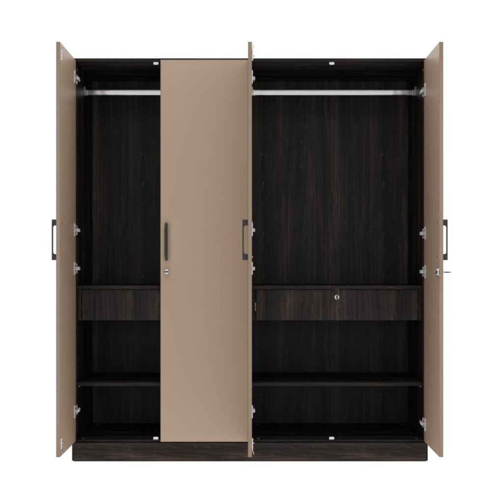 Cashmere Plus 4 Door Wardrobe with 4 Shelves, 2 Drawers, Mirror & 2 Hanging Areas (Wyoming Maple & Frappe)